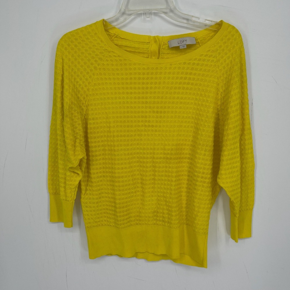 Ann Taylor LOFT Womens Yellow 3/4 Sleeve Waffle Knit Pullover Sweater Top Size L